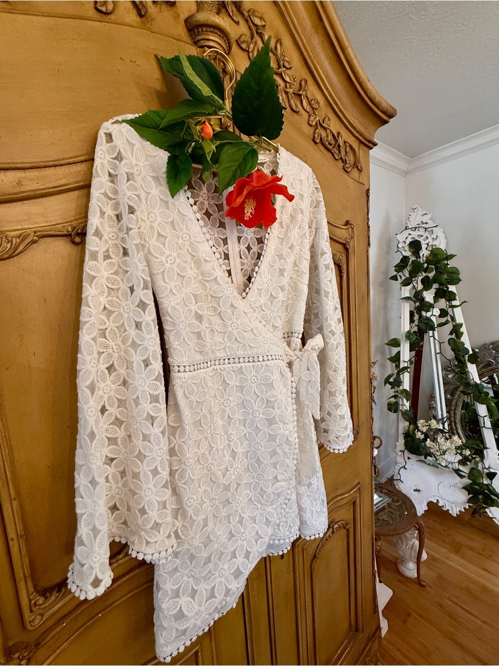 White Floral Lace Wrap Dress - Women’s - Picture 6 of 13